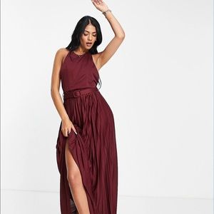 ASOS belted pleated maxi dress in red - size 10